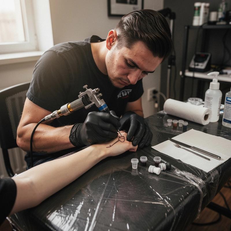 Tattoo artist Iryna Kovalenko working on a fine line piece at the Kyiv studio