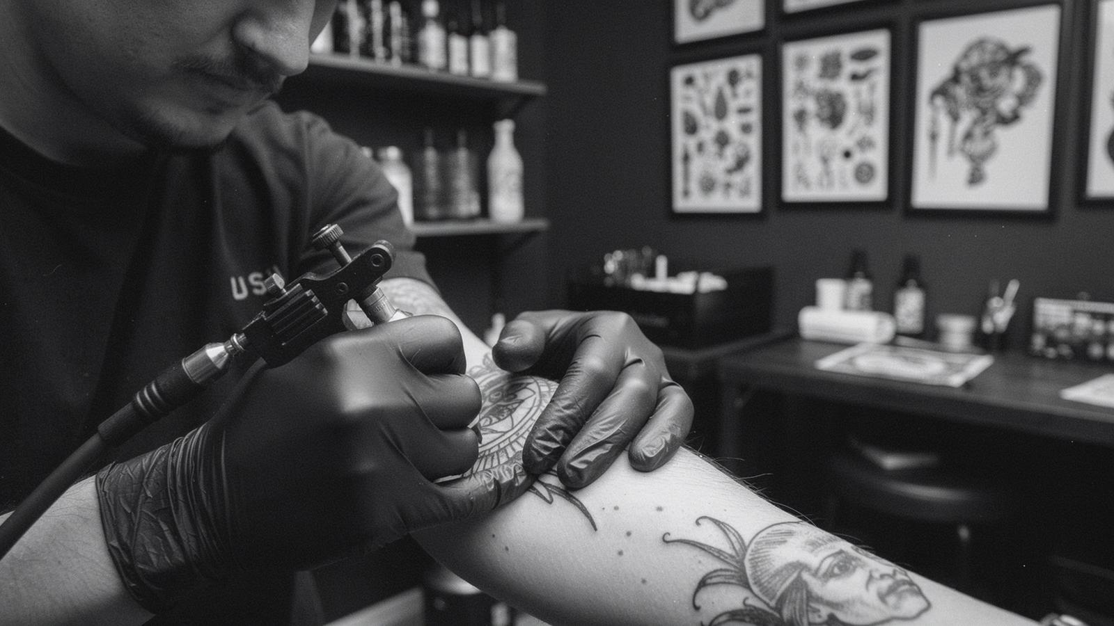 Tattoo artist working on a fine line piece at the studio in Kyiv