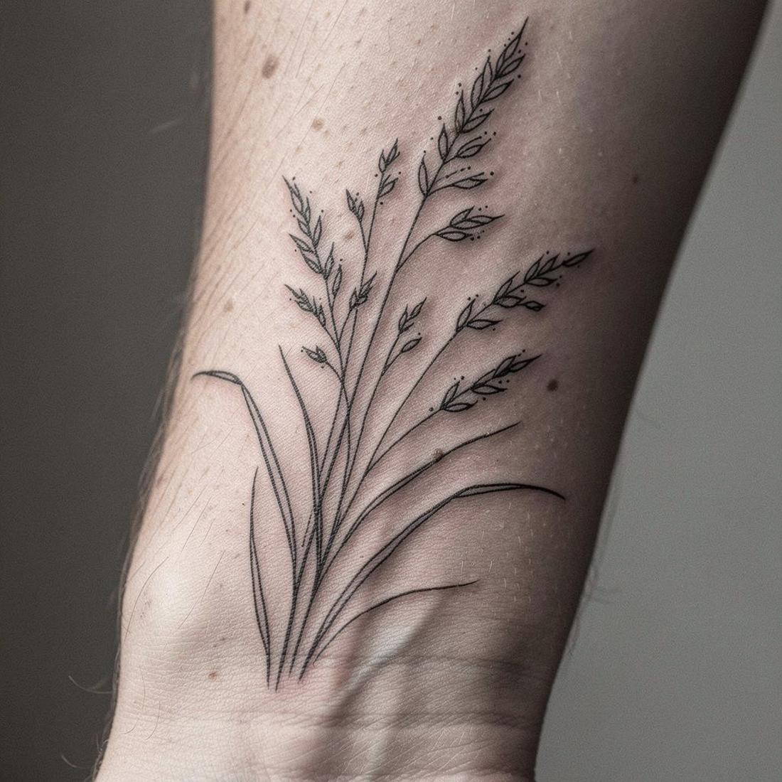Healed fine-line tattoo of wild grasses on a forearm, photographed in soft daylight